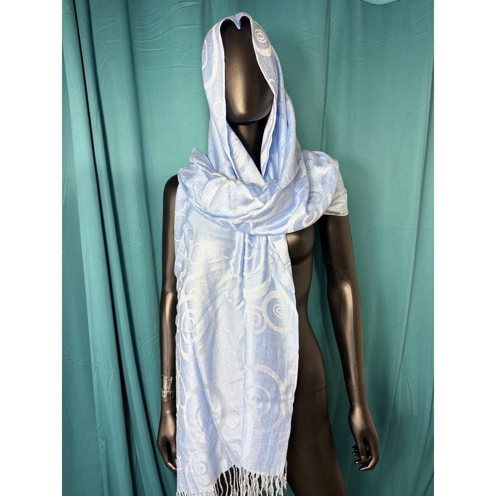 Pashmina Cashmere Silk Blend Scarf Light Blue Swirl Jacquard Fringe Wrap